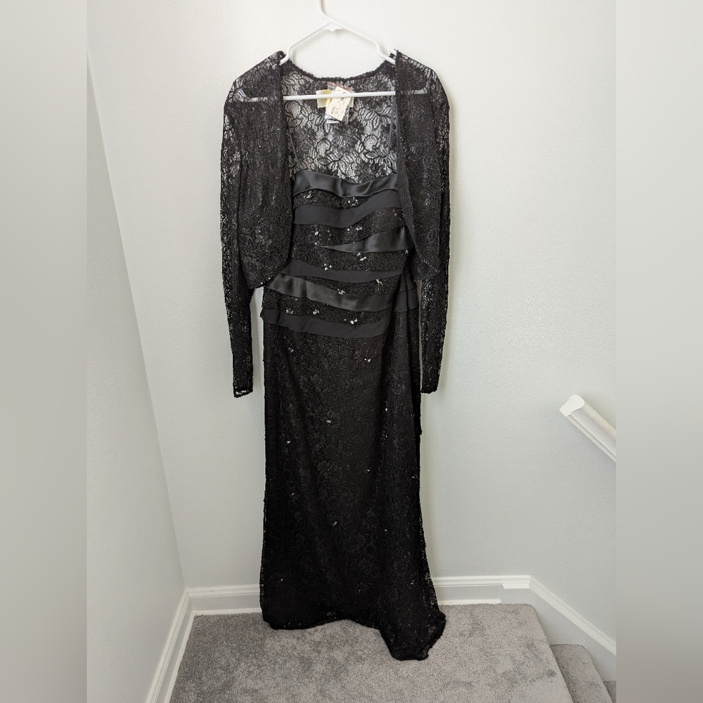Caviar Black Floor Length Sequin Gown with Matching Lace Jacket, 14